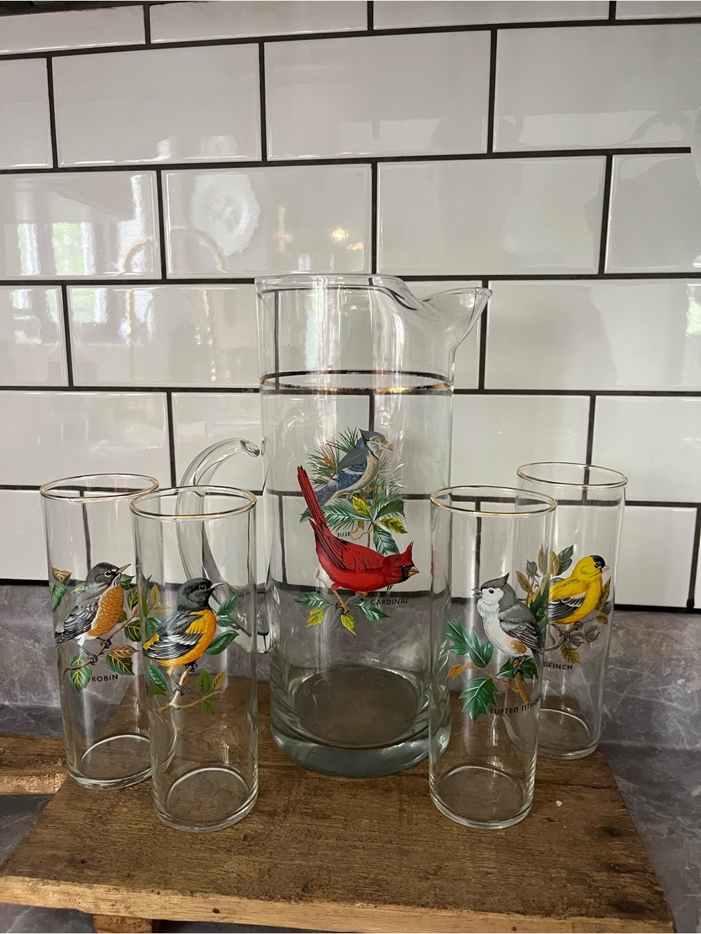 Vintage Bird Glass Pitcher and 4 Highball Glasses